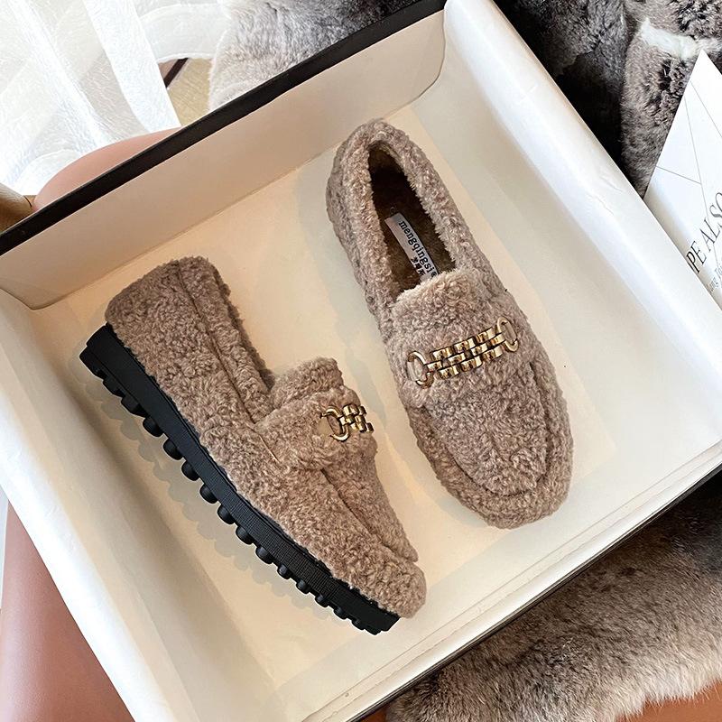 

зимние дизайнерские меховые мокасины с цепочками и пряжками женские согревающие уличные туфли удобные плюшевые эспадрильи женские туфли на платформе с мехом 4.5 коричневый