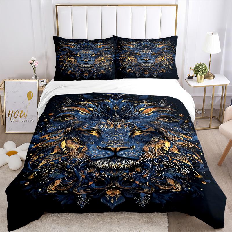 3pcs Blue and Gold Ornate Lion Portrait Print Bedding Set (1 Cover + 2 Pillowcases, Without Inserts), This Printed Bedding Set is Soft and