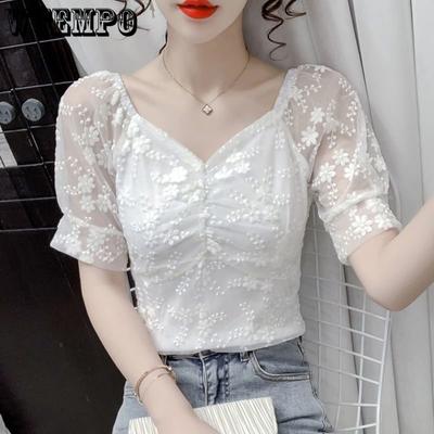 Women's Summer Short-sleeved Lace Shirt French Square Collar Bubble Sleeve Collar Short Chiffon Top Slim and Thin V-neck T-shirts