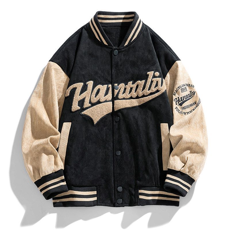 Foreign Trade Stock American-Style Casual Thickened Baseball Jacket for Men, Suitable for Spring, Autumn, and Winter, Retro Leather Pilot Jacket Black 2XL