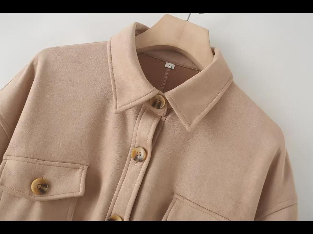 Women's Suede Lapel Jacket & Elastic Waist Straight Pants Set