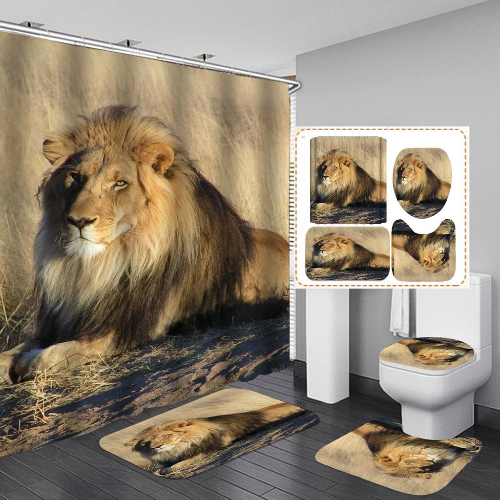 Seturi de perdele de duș din seria Lion 4 buc pentru baie Covoare de baie antiderapante Capac capac de toaletă Covoraș de baie