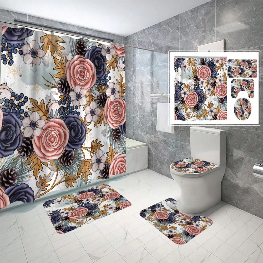Valentine'S Day Pink Rose Bathroom Set: Bath Curtain, Toilet Lid Cover, U-Shape Rug, Bathroom Accessories