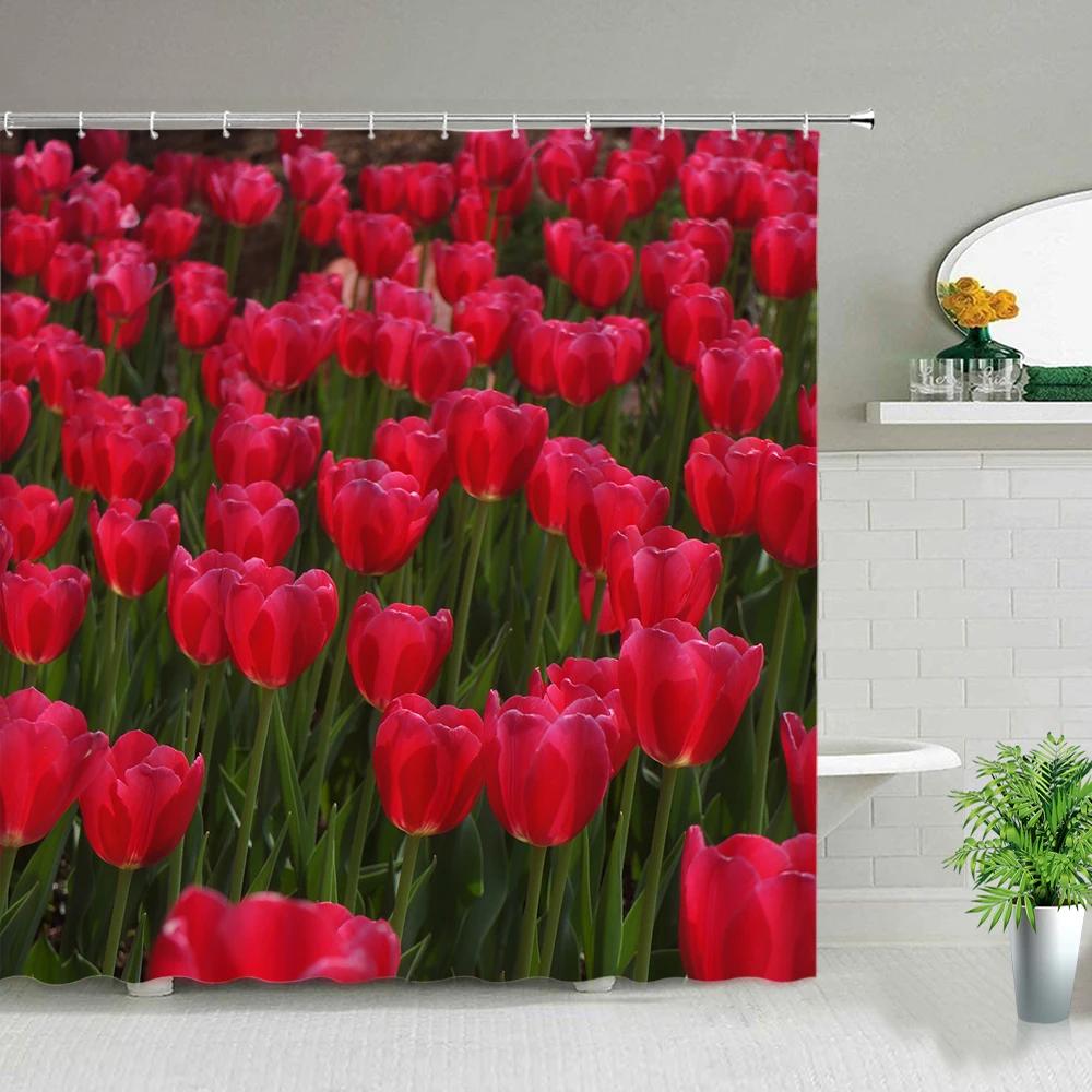 Flowers Shower Curtains Tulip Sunflower Rose Floral Plant Bathroom Scenery Bathroom Decor Polyester Fabric Bathtub Curtain Set