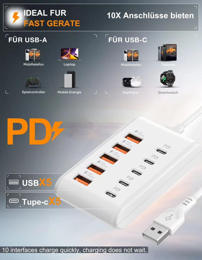 10 Port Power Strip, Hub, Suitable for Home Use and Travel Carrying