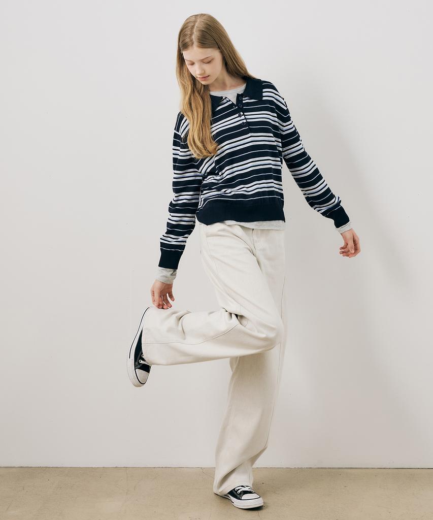 MIND BRIDGE WOMEN [W] Stripe Button Classic Collar Knit - 2 Colors