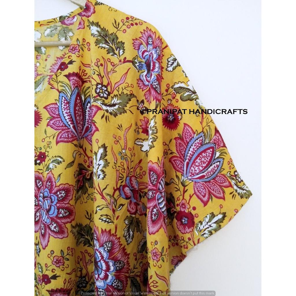 Indian Yellow Long Floral Print Cotton Hippie Maxi Women Nightwear Caftan Dress CKFTN-SCRN-FULL-BUYIT-078