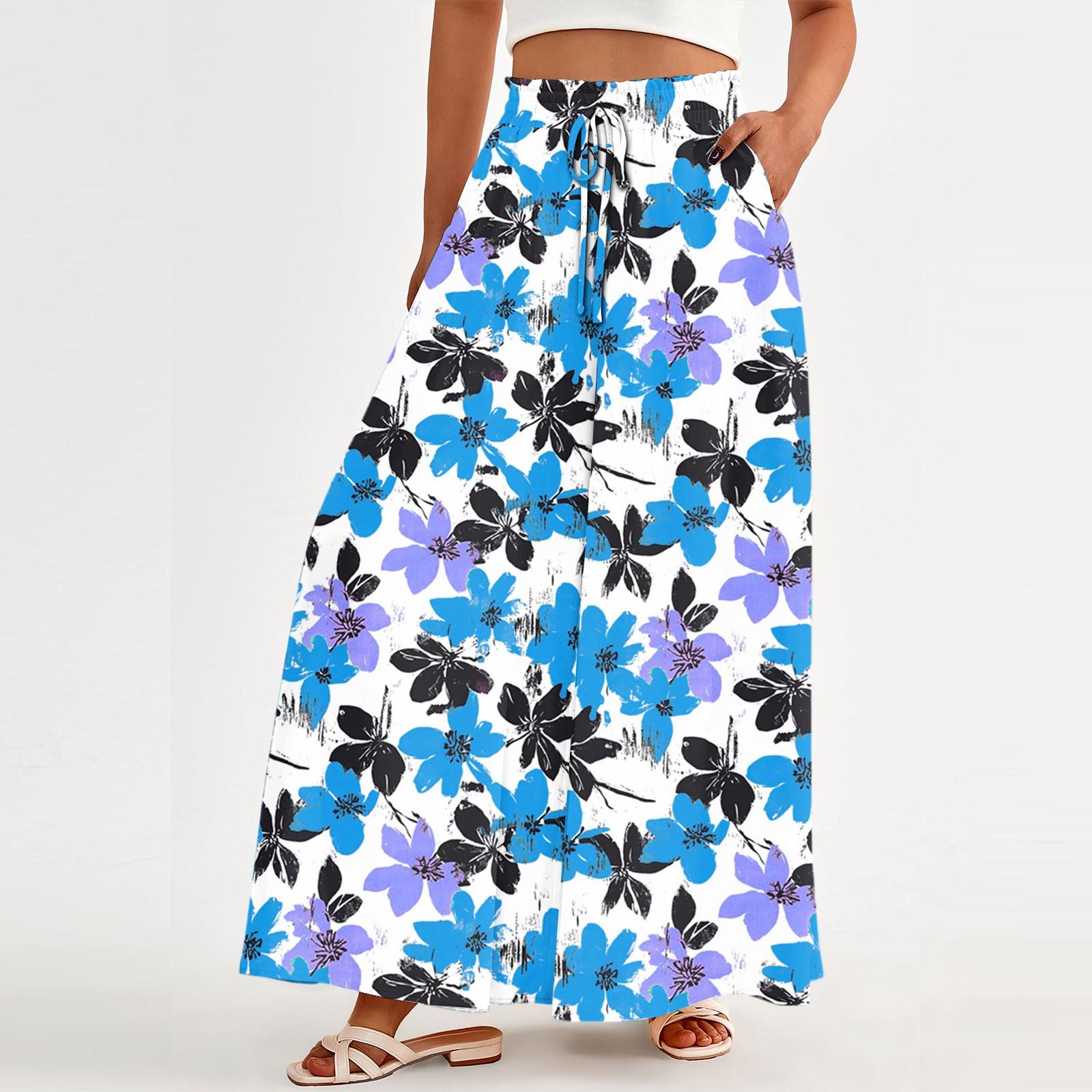 

Женские свободные повседневные брюки с бохо-цветочным принтом, струящиеся брюки с высокой талией и сумкой XL небесно-голубой