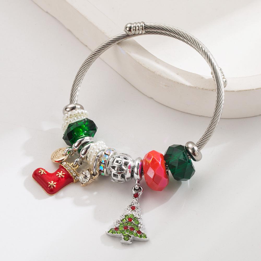 New Christmas Elements Holiday Bangle: Stainless Steel Bracelet with Santa Claus, Christmas Tree, Candy Cane, and Boots Accessories