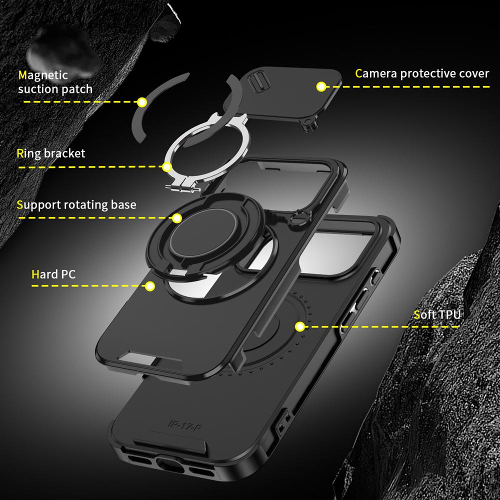 KEYSION 360° Rotating Ring Stand Phone Case for iPhone 17 Pro Max Silicone+PC Slide Camera Protection Magnetic Shockproof Cover