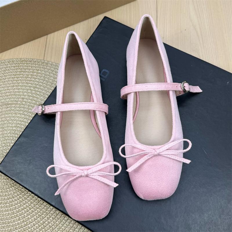Fashion Flat Shoes for Women Suede Square Toe 2025 Spring and Autumn New Bow Flat Bottom Mary Jane Shoes Plus Size Women's Shoes 43 44