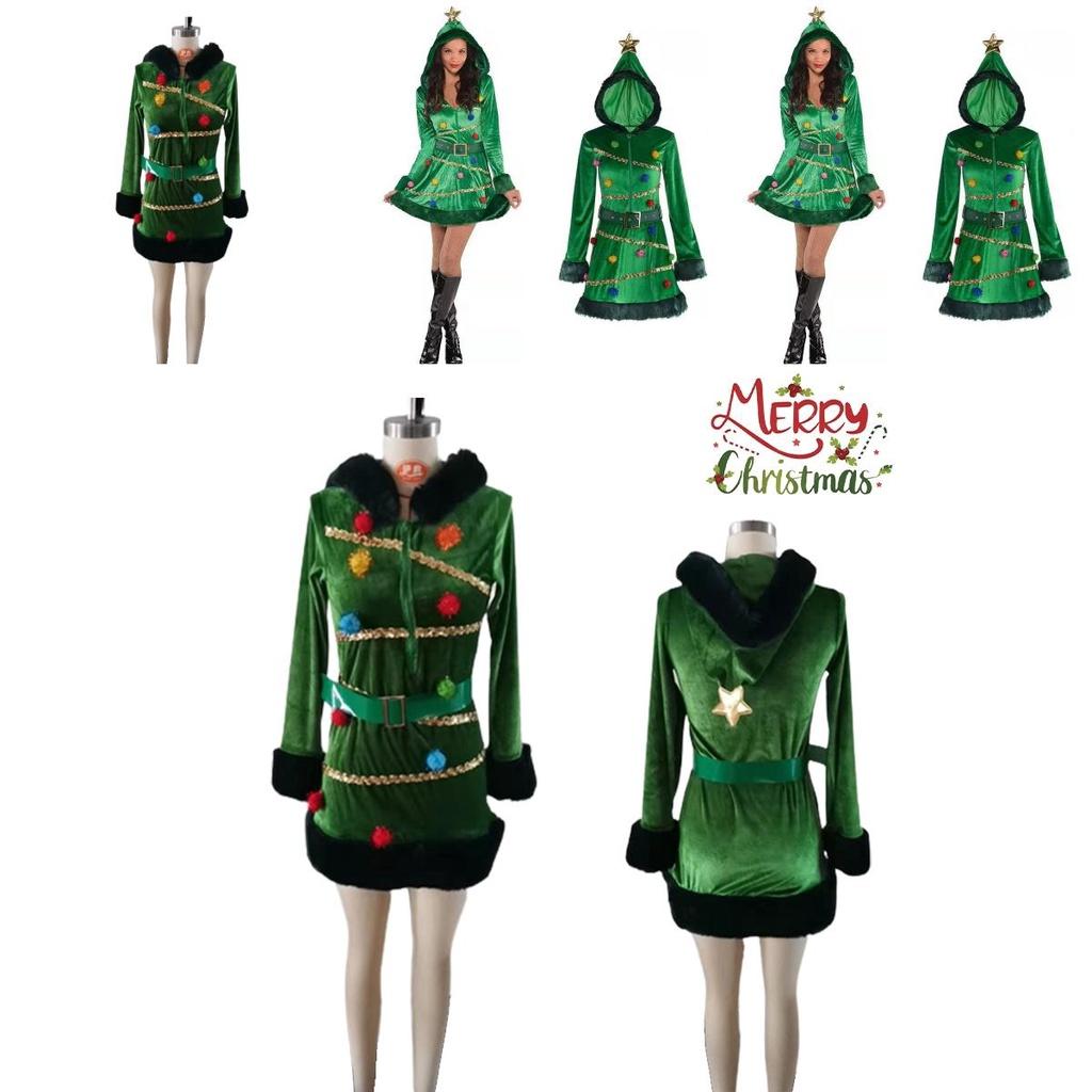 Lovely Women's Christmas Tree Dress Long Sleeve Hat Belt Outfit Xmas Gift