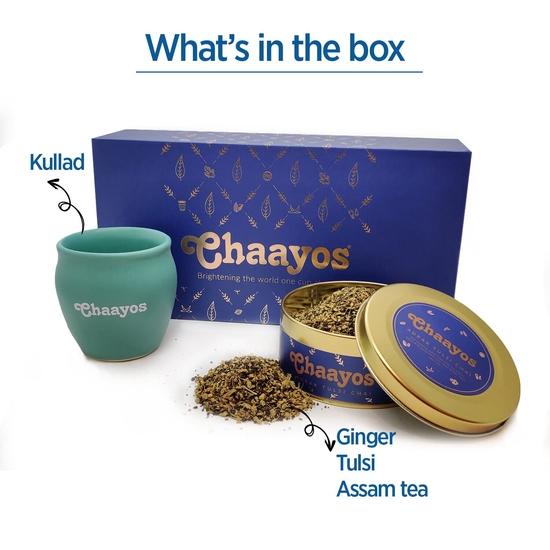 Chaayos Premium Gift Hampers for Diwali | Contains Ginger (Adrak) Tulsi Tea Leaves & Kulhad Cup | Premium Assam Tea Set | Luxury Gift Set