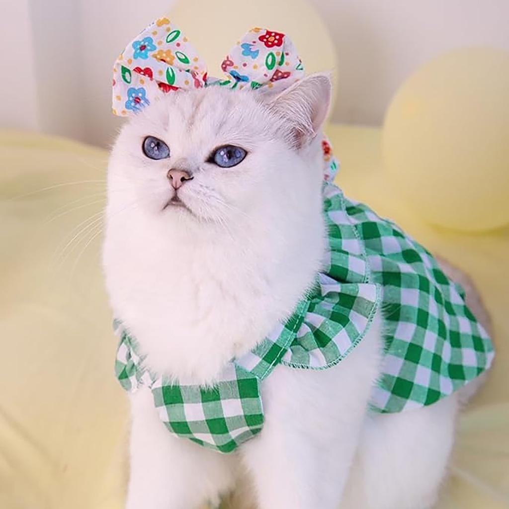 Pet Dress With Plaid Print Washable Pet Clothing 1 Set Pet Dress Bow Decor Ruffled Sleeves Dog Plaid Dress Summer Dress With Headdress Pet Supplies