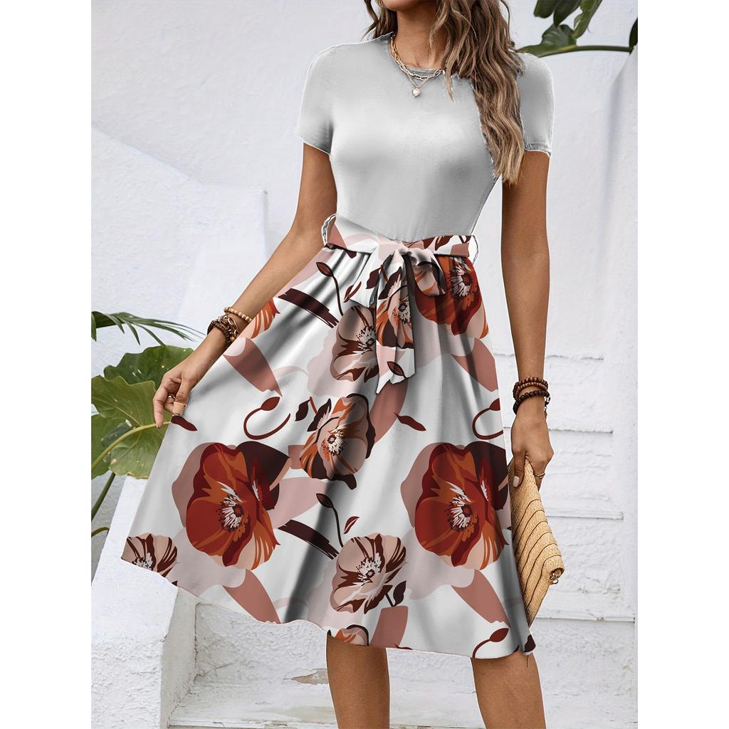 Kvinners moteriktige retro-mønstrede trykk fargeblokkert belte avslappet kjole