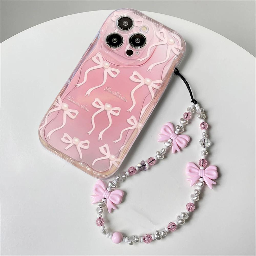 Cute Pink Bow Love Chian Strap 3D Wave Case For Honor Magic 7 Lite 400 Lite Pro X9B X9D X7D X7A X8A X6B X6A X7B X8C Cover Silico