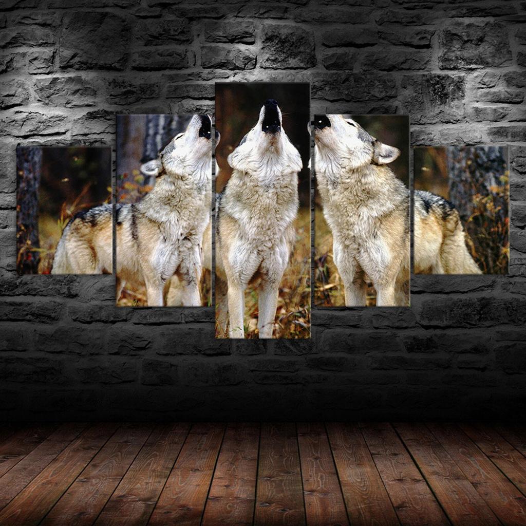 Wolf Pack Howling 5 Piece Five Panel Wall Canvas Print Modern Poster Pictures Home Decor Gift For Him For Her
