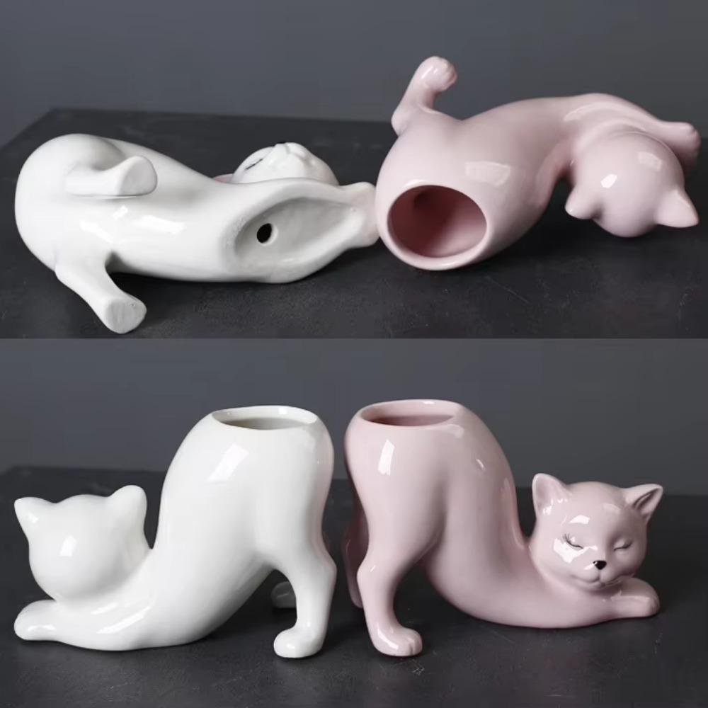 Cartoon Cat Flower Pot Vase Cute Cat Tail Succulent Planting Pots Porcelain Flower Vase Flowerpot Home Decoration Accessories