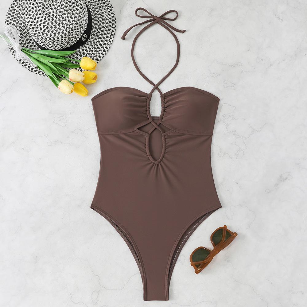 

Fashion Solid Color Halter Strap Slim Triangle Bikini Swimsuit For Vacation XL темно-коричневого кольору