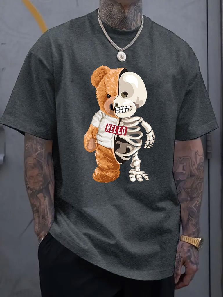 Męska Luksusowa Bawełniana Koszulka z Krótkim Rękawem z Graficznym Nadrukiem Niedźwiedzia Szkieletu Letnia Unisex Męska i Damska Streetwear Trend
