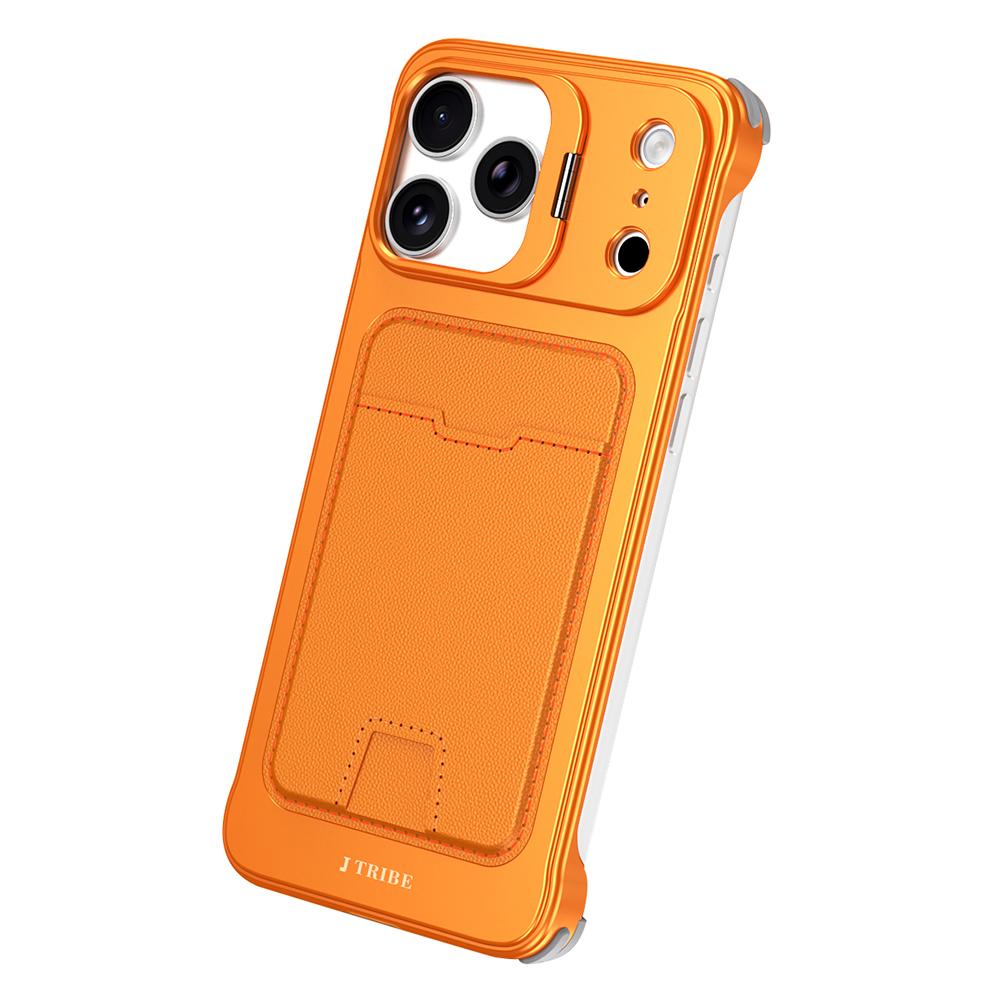 

For iPhone 15 Pro Case Lens Frame Kickstand Metal Frameless Phone Cover with Leather Card Slots