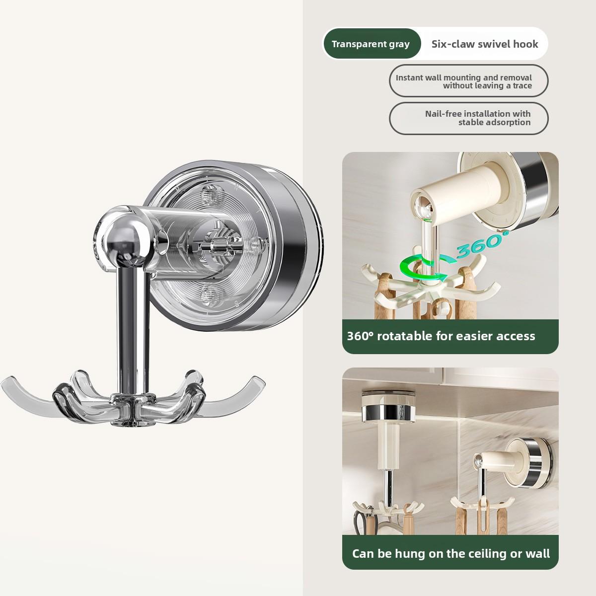 

Kitchen Rotating Hook Suction Cup Wall-mounted Storage Rack, Household Non-drilling Cookware, Spoon Storage Rack, Spatula Hanging Rack transparent gray