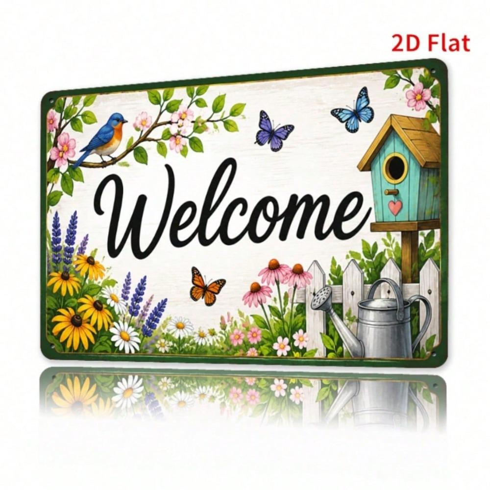 1pc Wildflower Blue Bird Butterfly Metal Tin Sign, Rustic Welcome Plaque for Front Door, Cottage Garden Decor Indoor/Outdoor