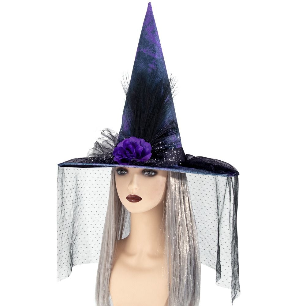 Portable Purple Mesh Veil Wizard Cap Pendant Flower Halloween Witch Hats Oxford Decoration Scarecrow Patch Witch Hat Night club