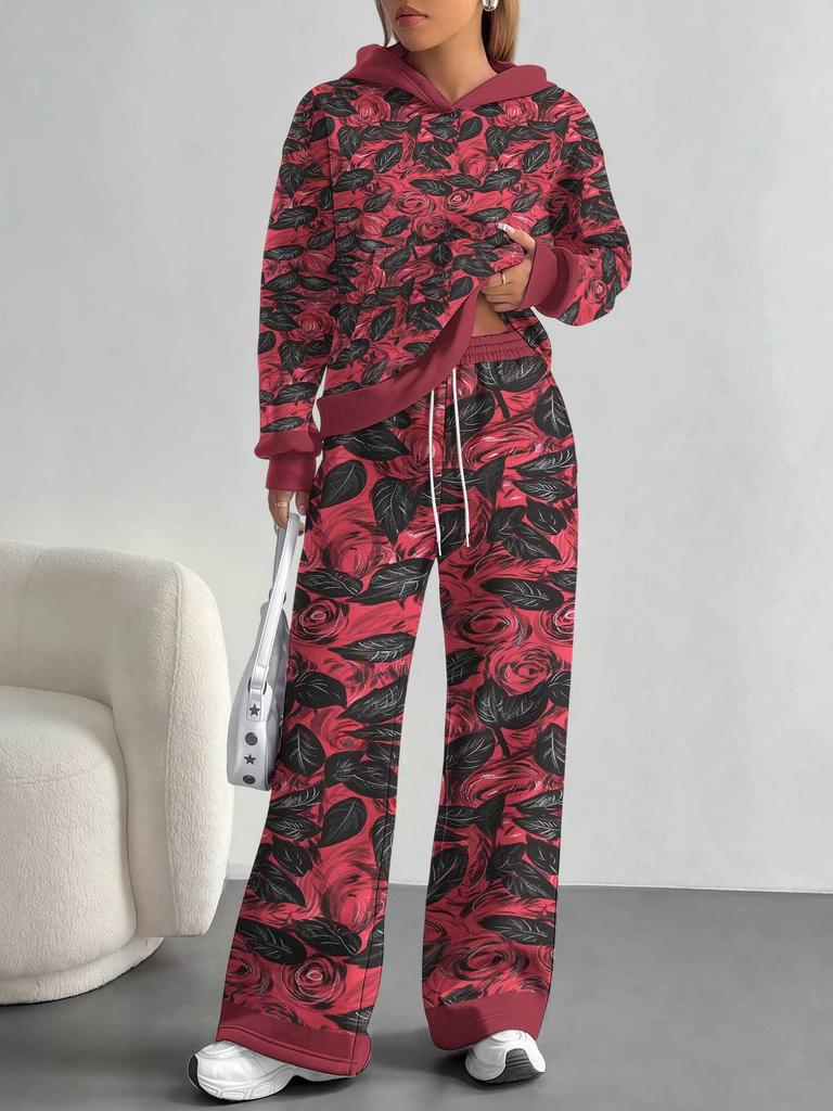 European, American autumn and winter blue splicing flower casual long-sleeved suit women's hooded sweater trousers two-piece set