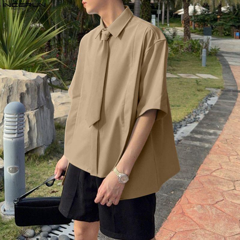 INCERUN Men Tie Lapel Neck Short Sleeve Buttons Irregular Casual Oversized Shirts