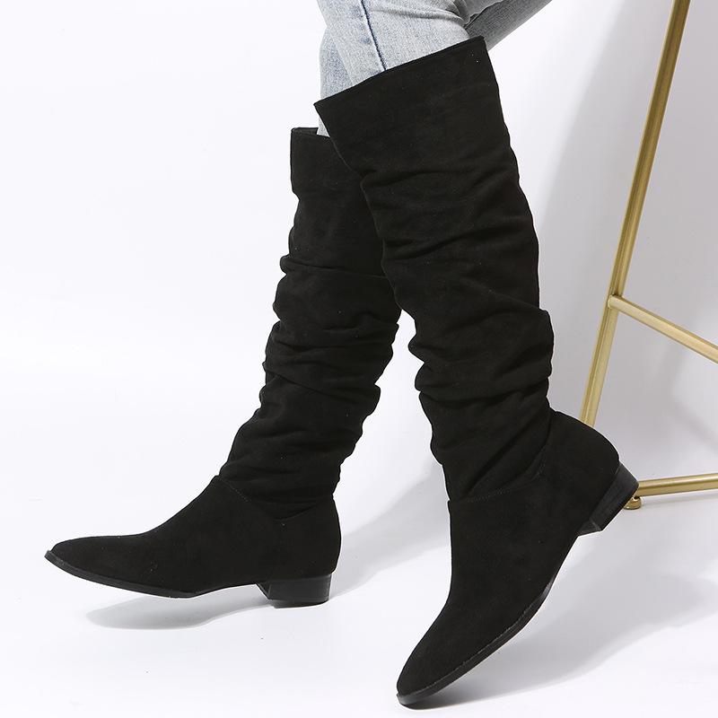

Retro suede knight boots women s new thick heel round head tall boots brown pleated pile boots 35