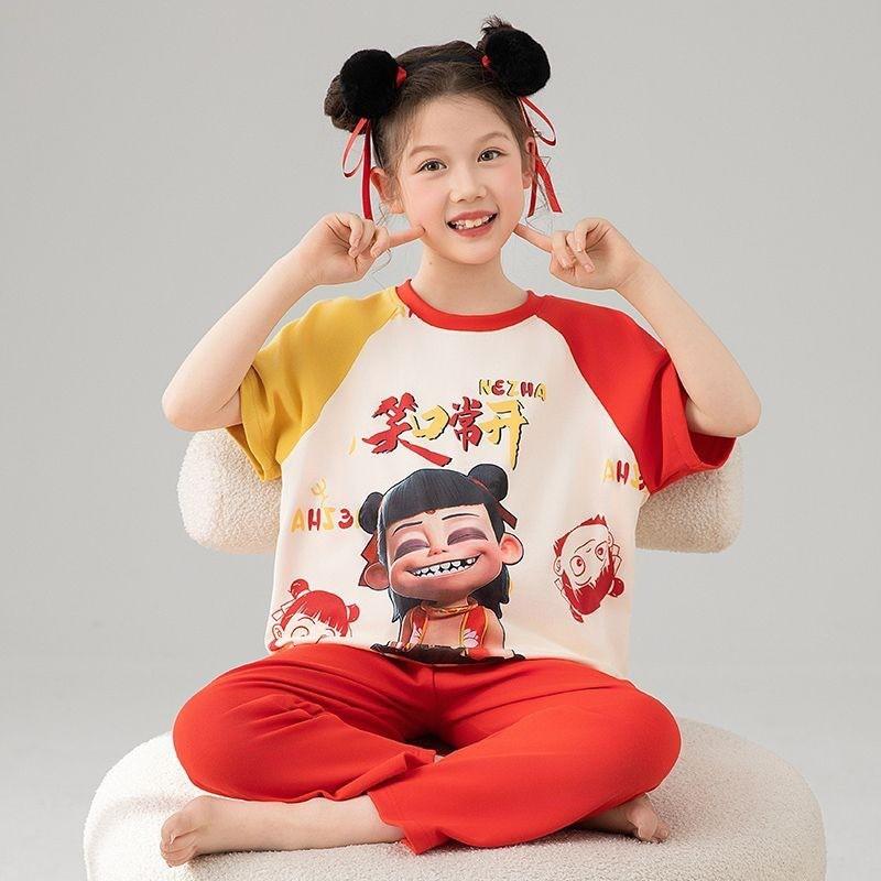 Girls Cotton Pajama Set Short Sleeve Long Pants Cartoon Print Sleepwear Kids Ages 4-12