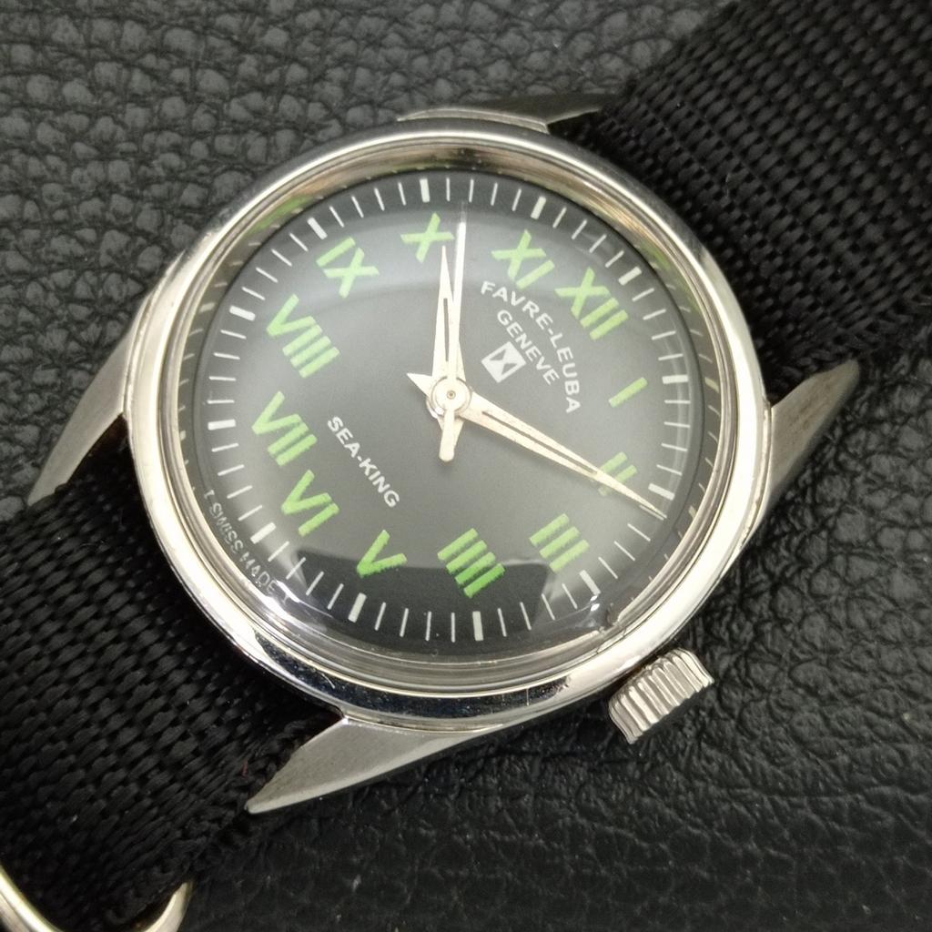 SWISS VINTAGE FAVRE LEUBA 111 SEA KING HAND-WINDING MENS BLACK WATCH A702015-5 R208-a702015