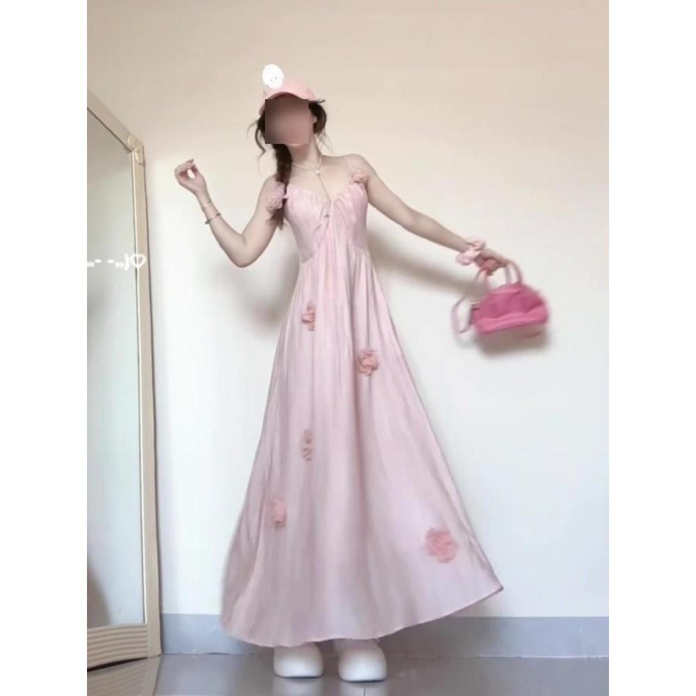 

Французское цветочное розовое женское летнее приморское платье на бретелях - Стройное, потрясающее длинное пляжное платье-юбка L (recommended 50-55 kg)