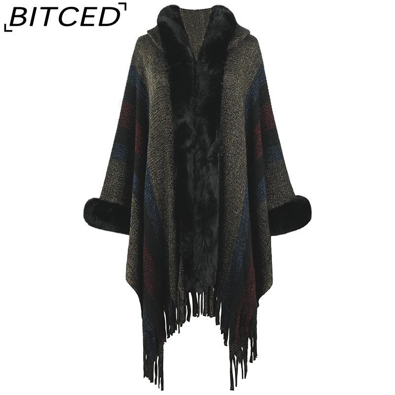 

BITCED Женская накидка с капюшоном Осень/Зима Полосатая вязаная шаль с бахромой One size чёрный