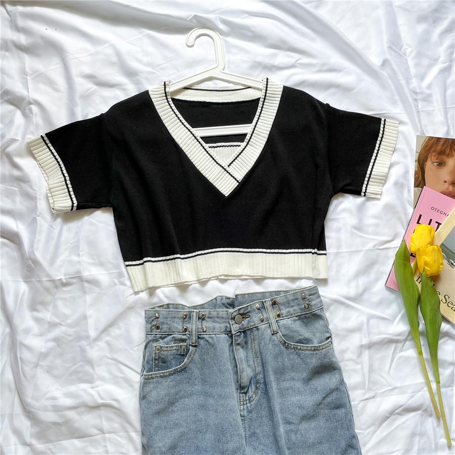 

Летняя новая женская поддельная рубашка с двумя контрастными цветами, свободная, с V-образным вырезом, короткая трикотажная рубашка, футболка с короткими рукавами, топ One size