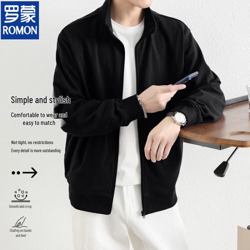 ROMON Men's Spring/Autumn Full-Zip Stand-Collar Cotton Blend Casual Jacket