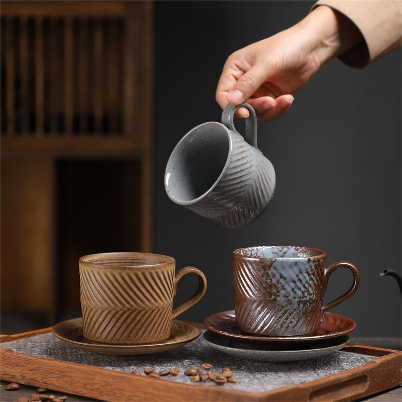 300ML European Ceramic Coffee Cup and Saucer Vintage Embossed Water Mug Creative Afternoon Camellia Tea Mug Home Breakfast Cup