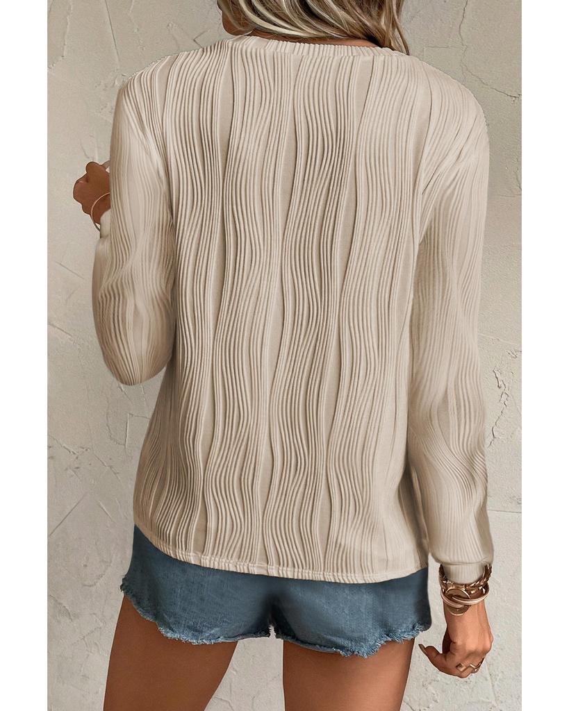 Azura Exchange Apricot Textured Wavy Round Neck Long Sleeve Top