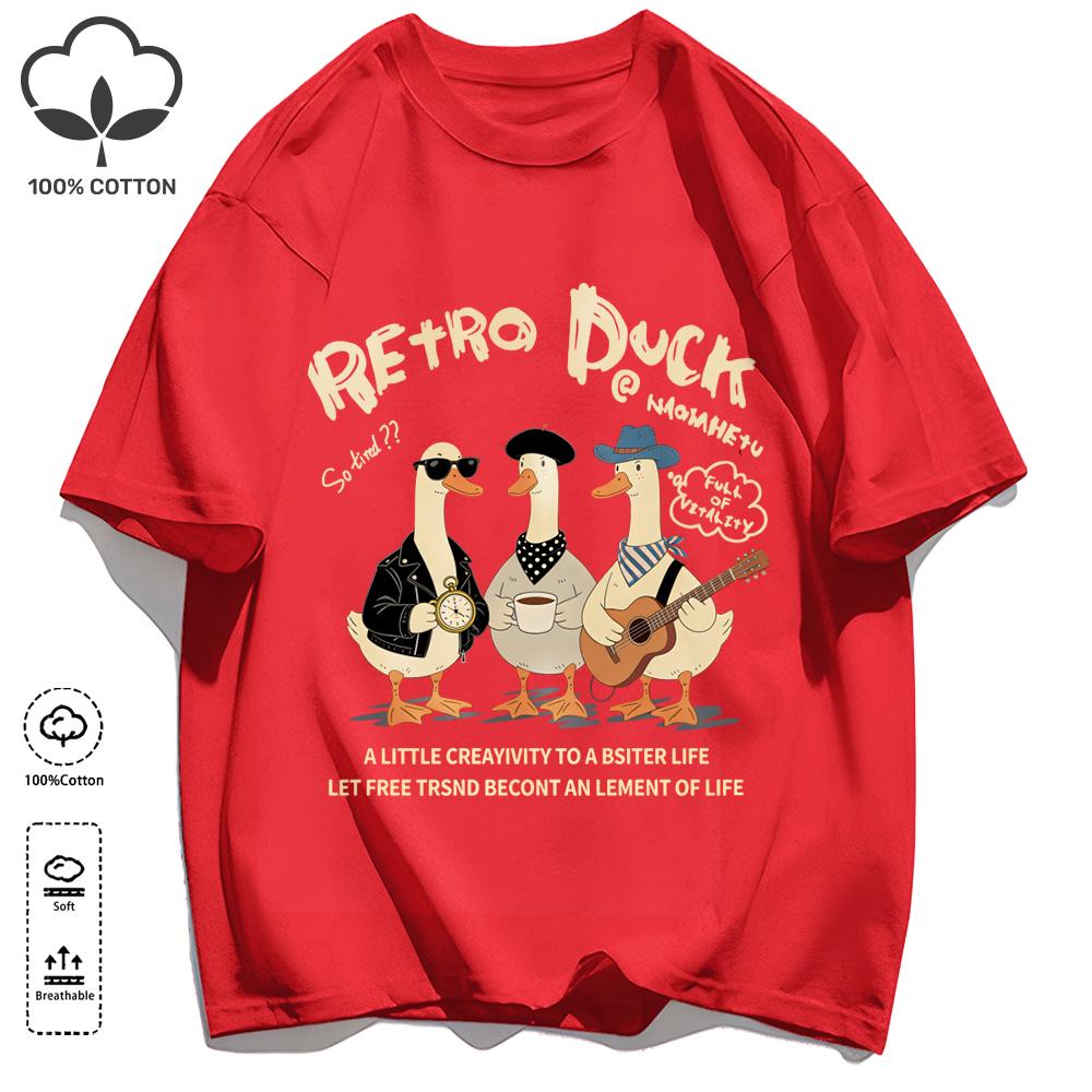 Retro Duck With Free Time T Shirt Unisex Fashion All-Match Basics Streetwear O-Neck Cotton Clothing Unisex Summer Loose Tee