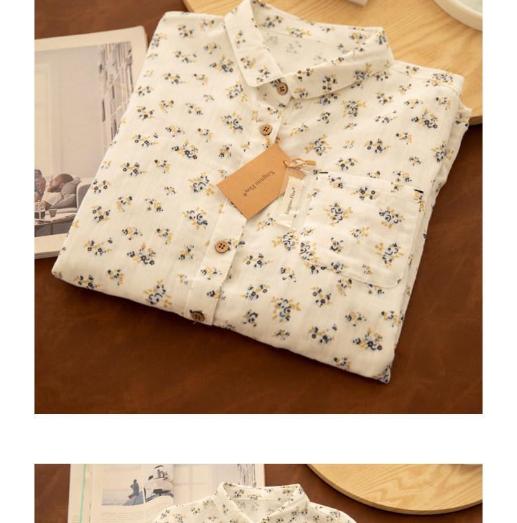 Spring Yuanbao Collar Floral Print Double Layer Gauze Cotton Shirt - Women's Loose Cotton Linen Style