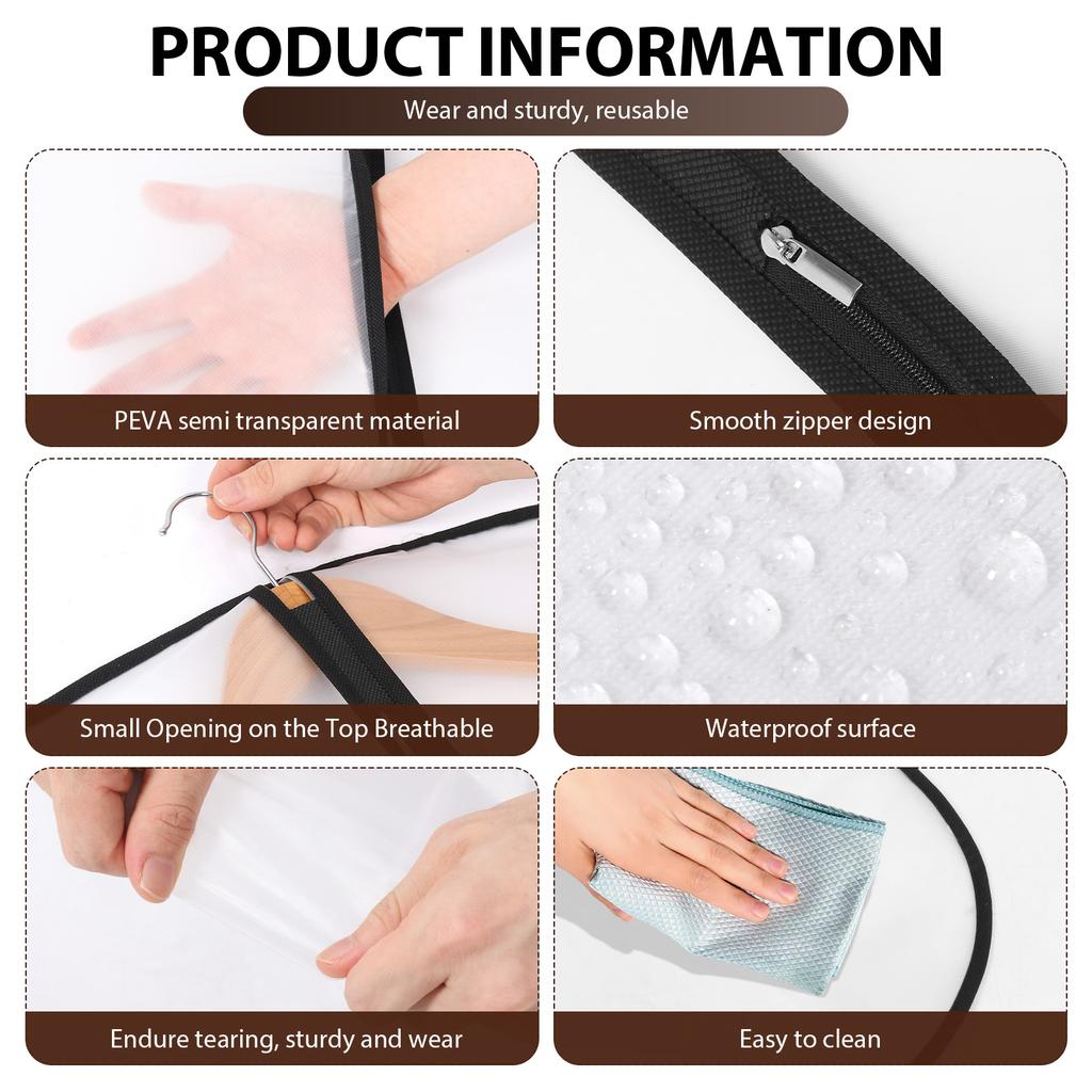 5Pcs Garment Bag Transparent Suit Dust Proof Cover with Zipper Multi-role Travel Dress Bag Wardrobe Storage Bag for Home Travel