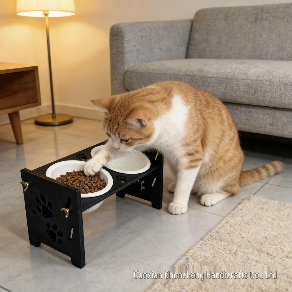 Elevated Wooden Pet Bowl Stand with Mat and Neck Protection for Cats and Small Dogs
