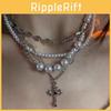 Handmade Alloy Cross Necklace With Pearl Beads For Men And Women Trendy Style
