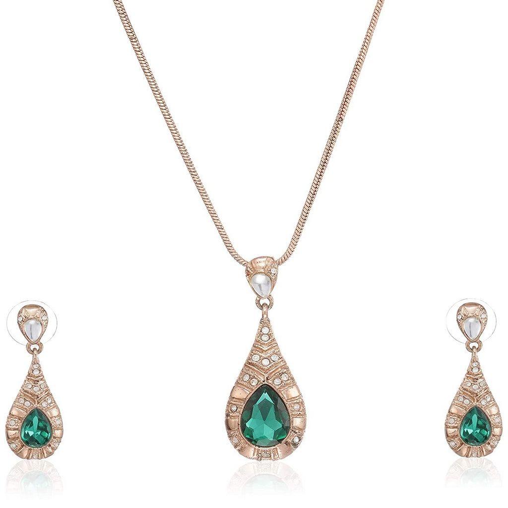 Estele Gold Plated Elegant Emerald Drop Halo Pendant For Women