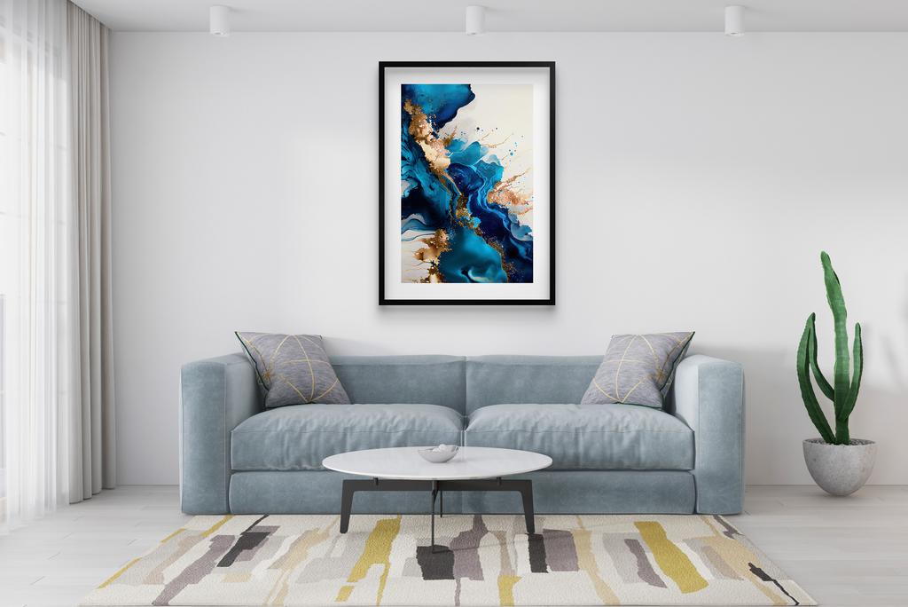 Nowoczesny Plakat Obraz Złoto Niebieska Abstrakcja na ścianę do sypialni