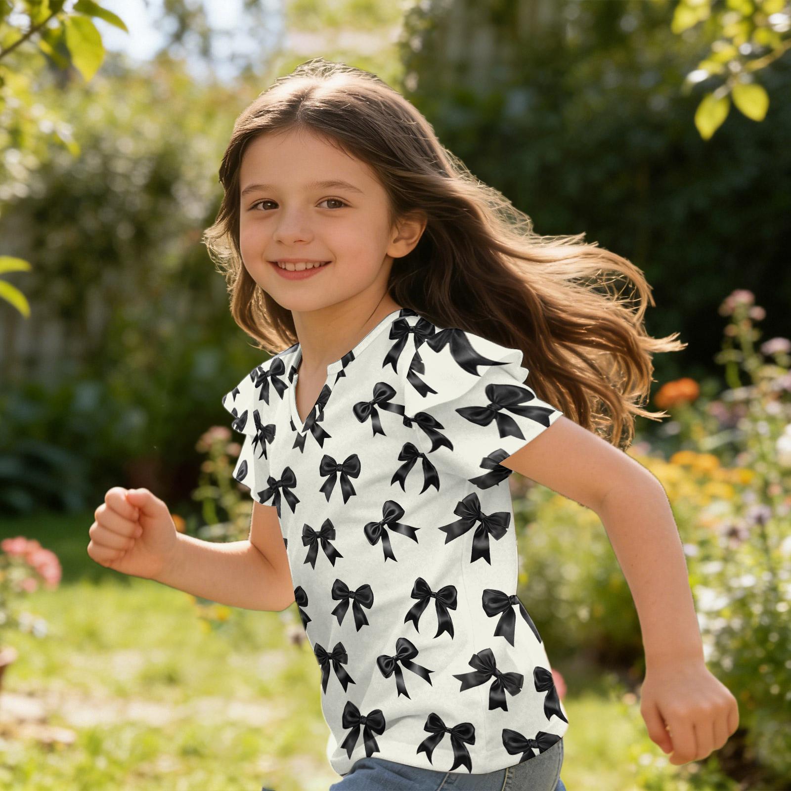 

Girls V Neck Short Sleeve T Shirt Casual Blouse with Ruffle Sleeves and Bow Pattern Lightweight Summer Top for Kids 160