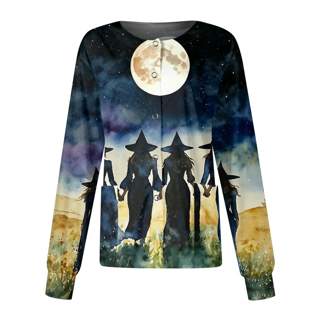 Women's Halloween Printed Long Sleeve Single Breasted Cardigan Top for Costume Party