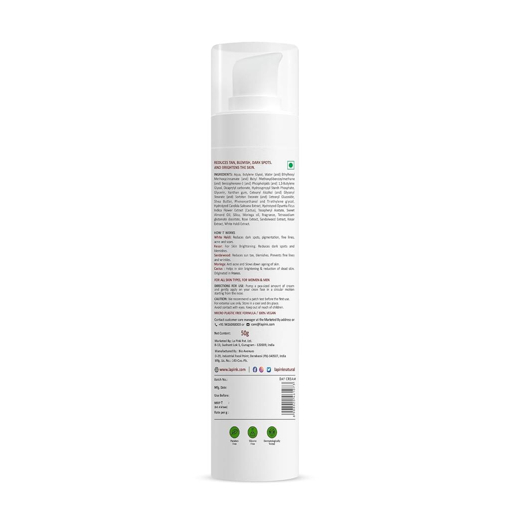 La Pink Ubtan White Haldi Day Cream | 100% Microplastic Free Formula | Removes Tan | Kesar, Sandalwood and Rose | All Skin Types | 50g