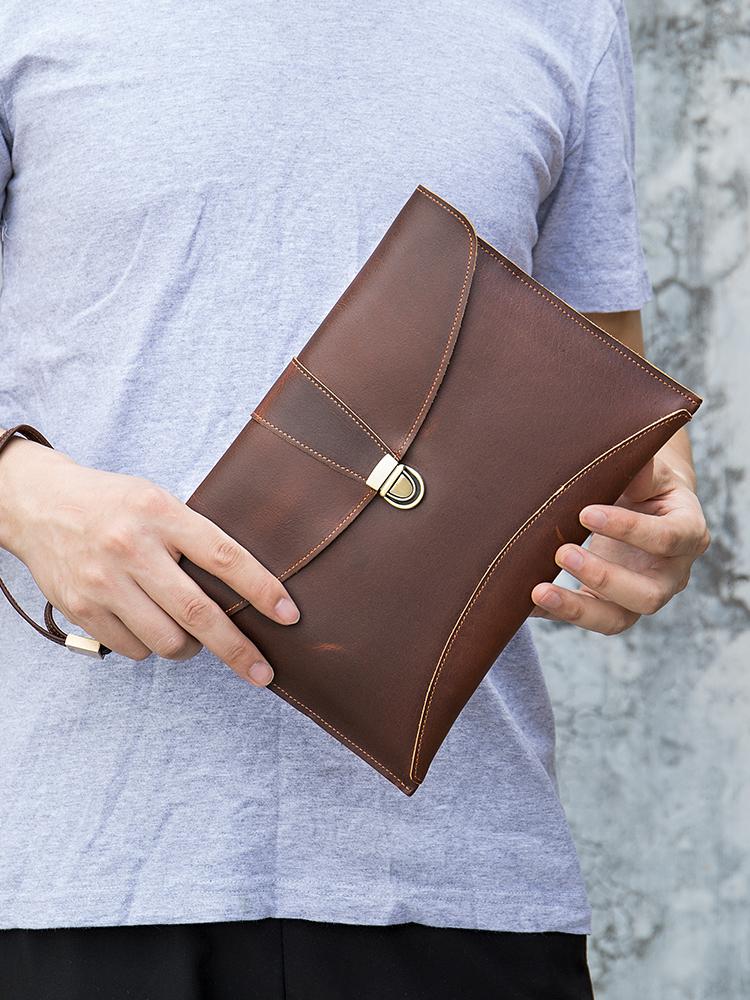 Herren Handtasche Echte Leder Dokumententasche für Herren Herren Leder Clutch Tasche für Handy Mini iPad Umschlagtasche mit Armband Geldbörse
